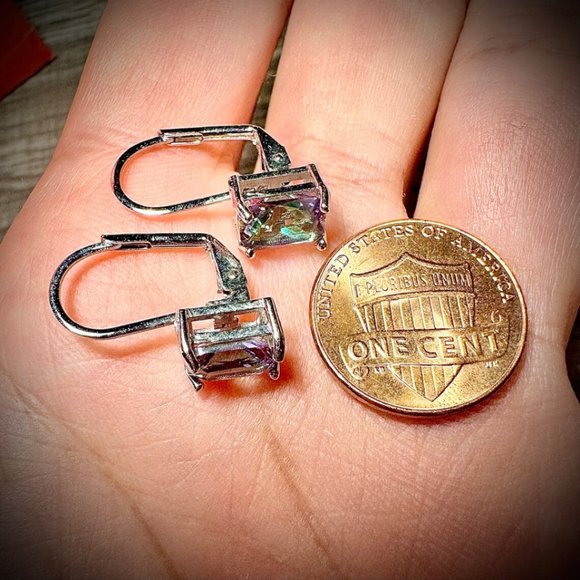 Emerald Cut Rainbow Mystic Topaz Dangle Earrings for Women SIlver Plated - Picture 5 of 10